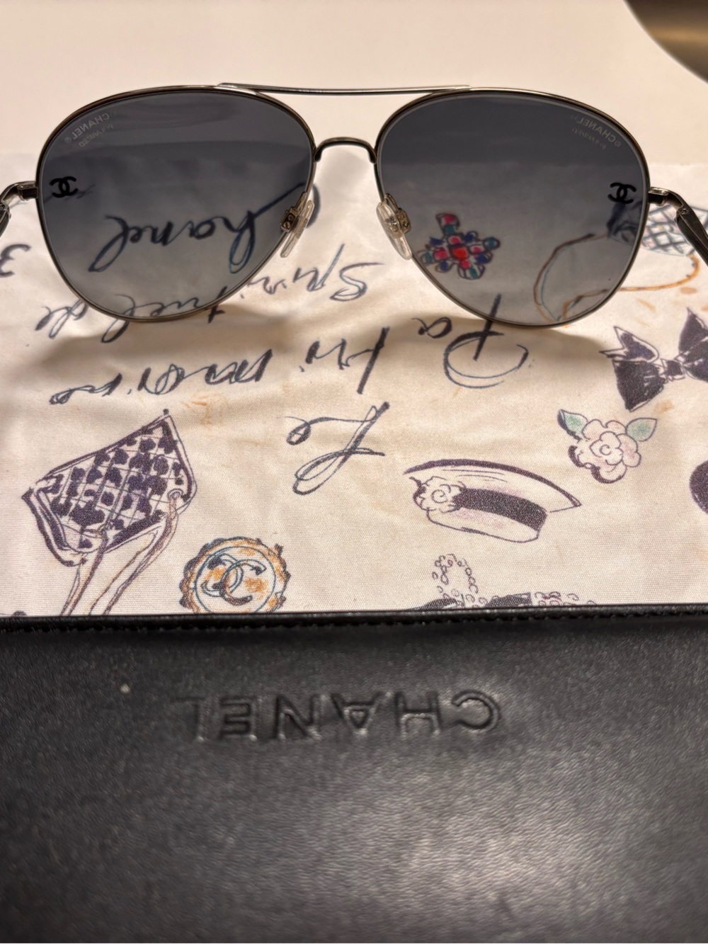 CHANEL Silver Frame Black Lens Aviator Sunglasses with Case - Picture 7 of 9